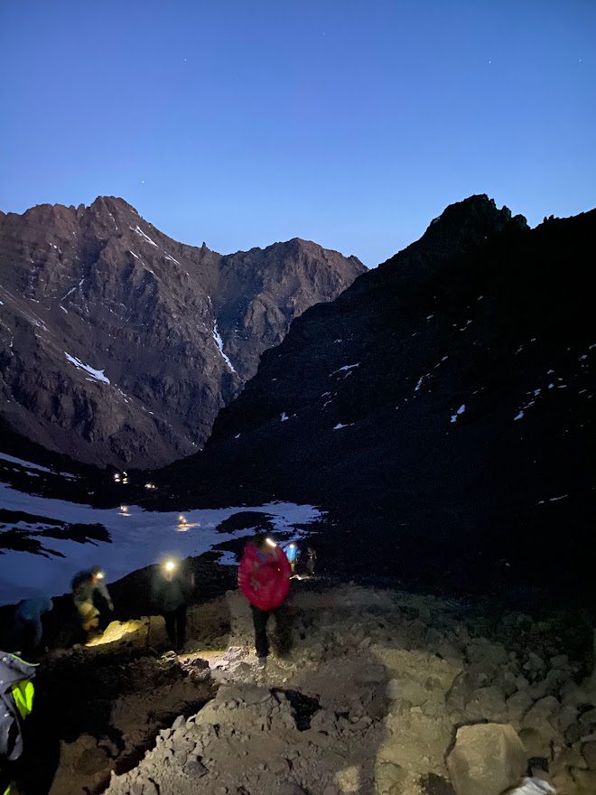 hiking mount toubkal morning with headlamps